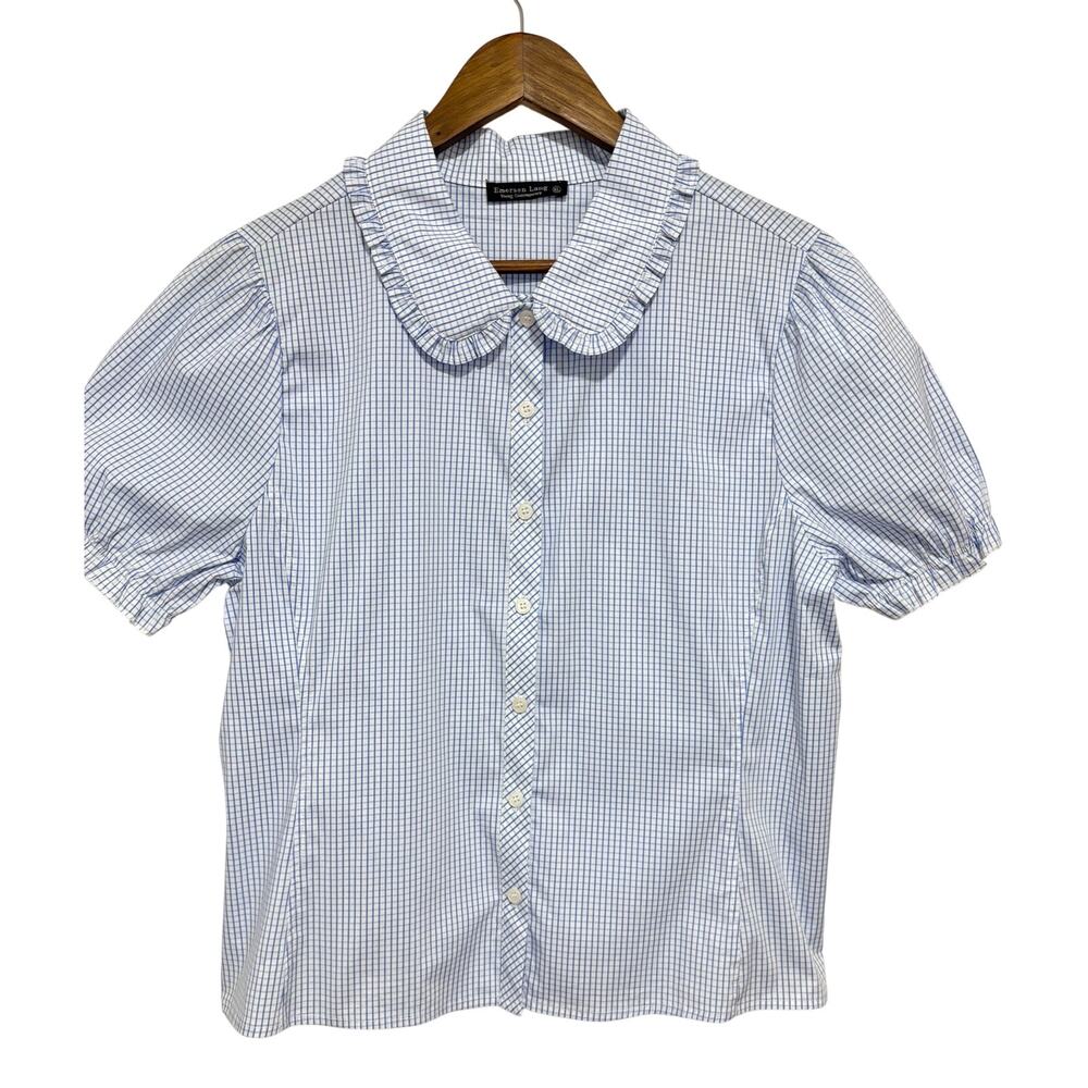 Emerson Lang Blue Gingham Peter Pan Collar Puff Sleeve Button Front Blouse XL